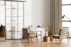 White living room interior with armchairs, window and parquet floor